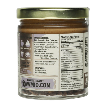 Rawmio Raw Organic Stone Ground Almond Chocolate Chip Cookie Dough Nutrition facts back