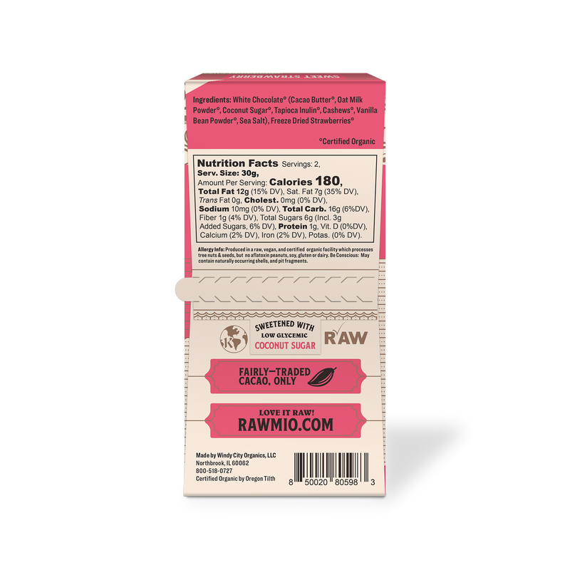 Back of package with ingredients and nutritional value.