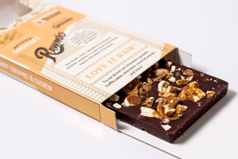 Delicious organic Coconut Caramel & Crushed Cashew Bark chocolate bar open box